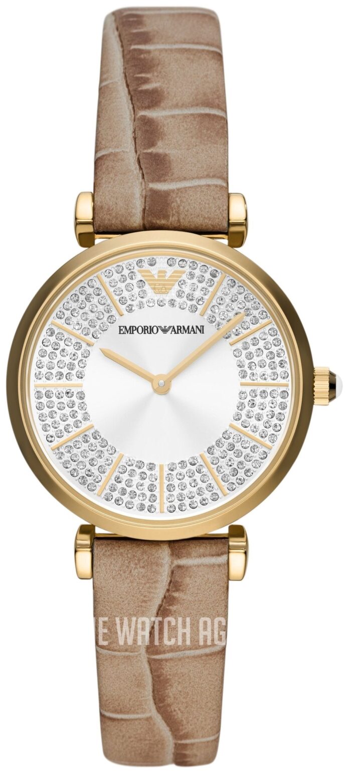 Emporio Armani Gianni T Bar Crystals Silver Dial Brown Leather Strap Watch For Women - AR11518 - Image 2